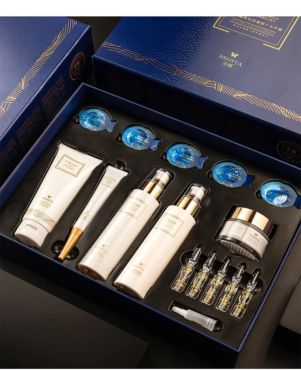 15PCS Caviar Skin Care Set Face Serum Set Face Moisturizing Anti Wrinkle Whitening Beauty Health Korean Facial Skin Care Suit