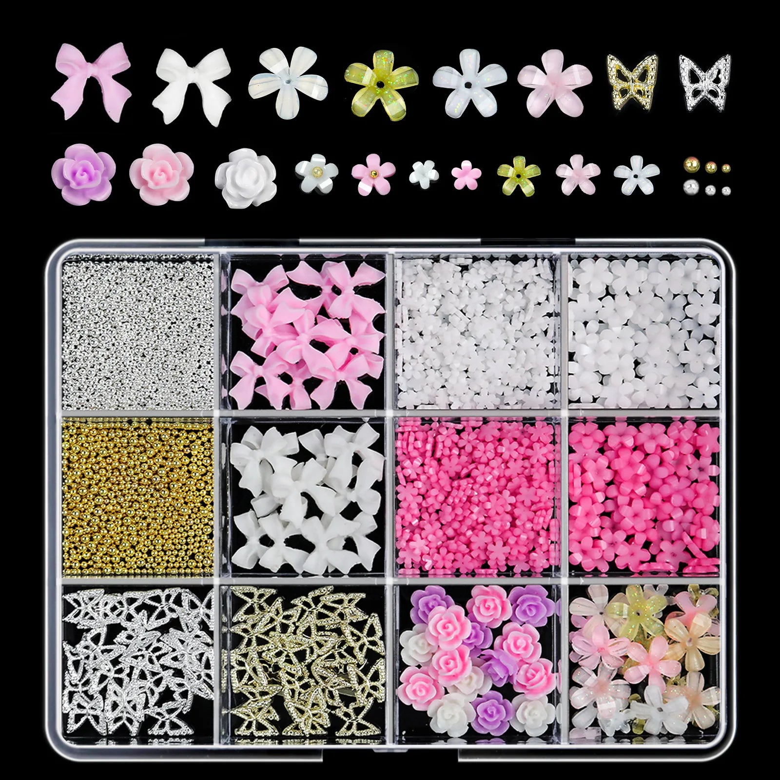 12Grids Mixed Resin Bowknot Nail Art Decorations 3D Aurora Ribbon Bow AB Rhinestones Pearl Flowers Nail Charms DIY Manicure Part