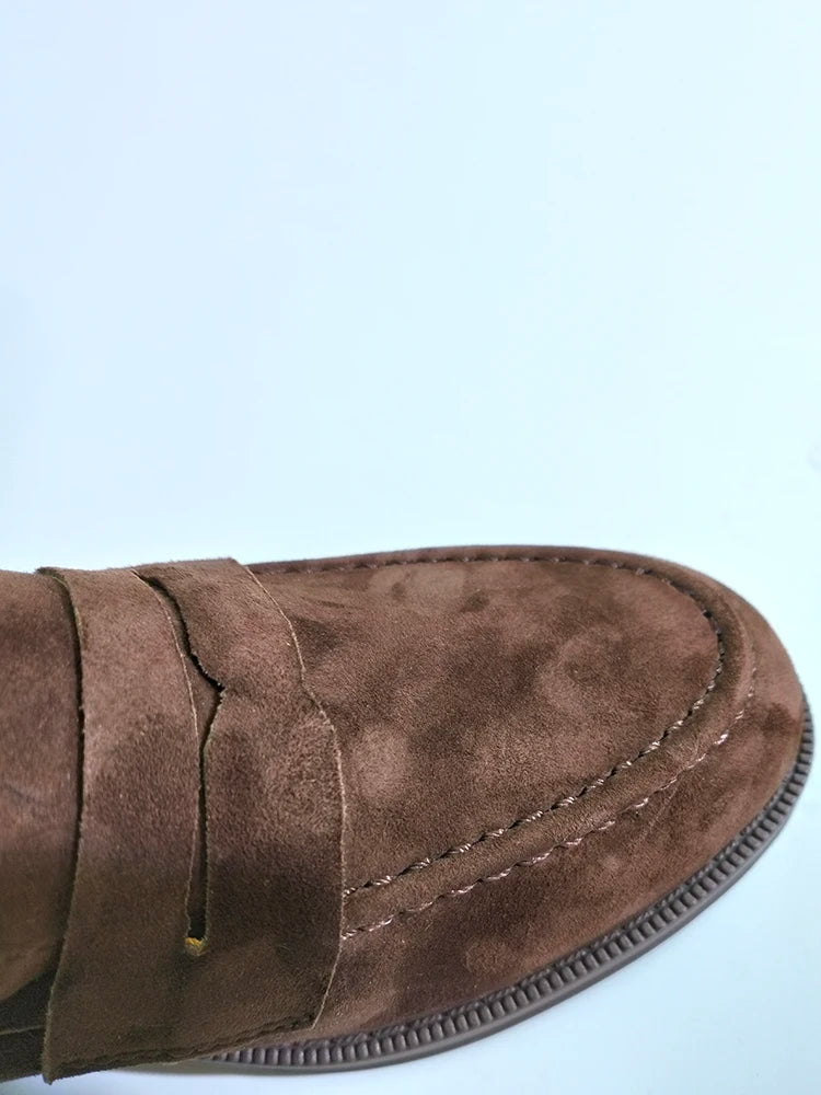2025 NEW Trend Women Loafers Natural Suede Spring Autumn Ladies Low Block Heels Elegant Round Toe Black Brown Splicing Loafers