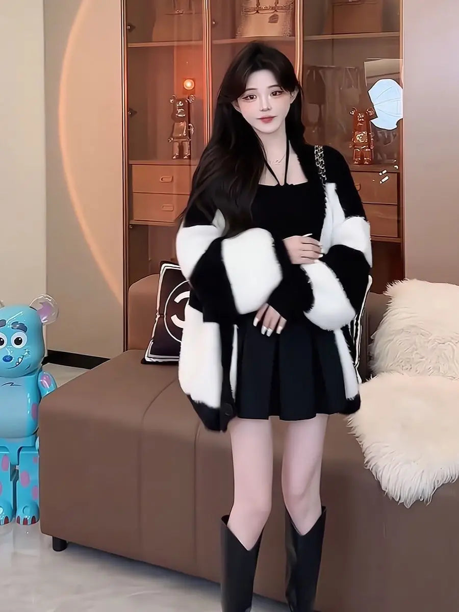 Women Mink Fur Knitted Cardigans Sweaters Autumn Winter Loose Sweet Fashion Stripe Lantern Sleeve Thicken Contrast Color Coats