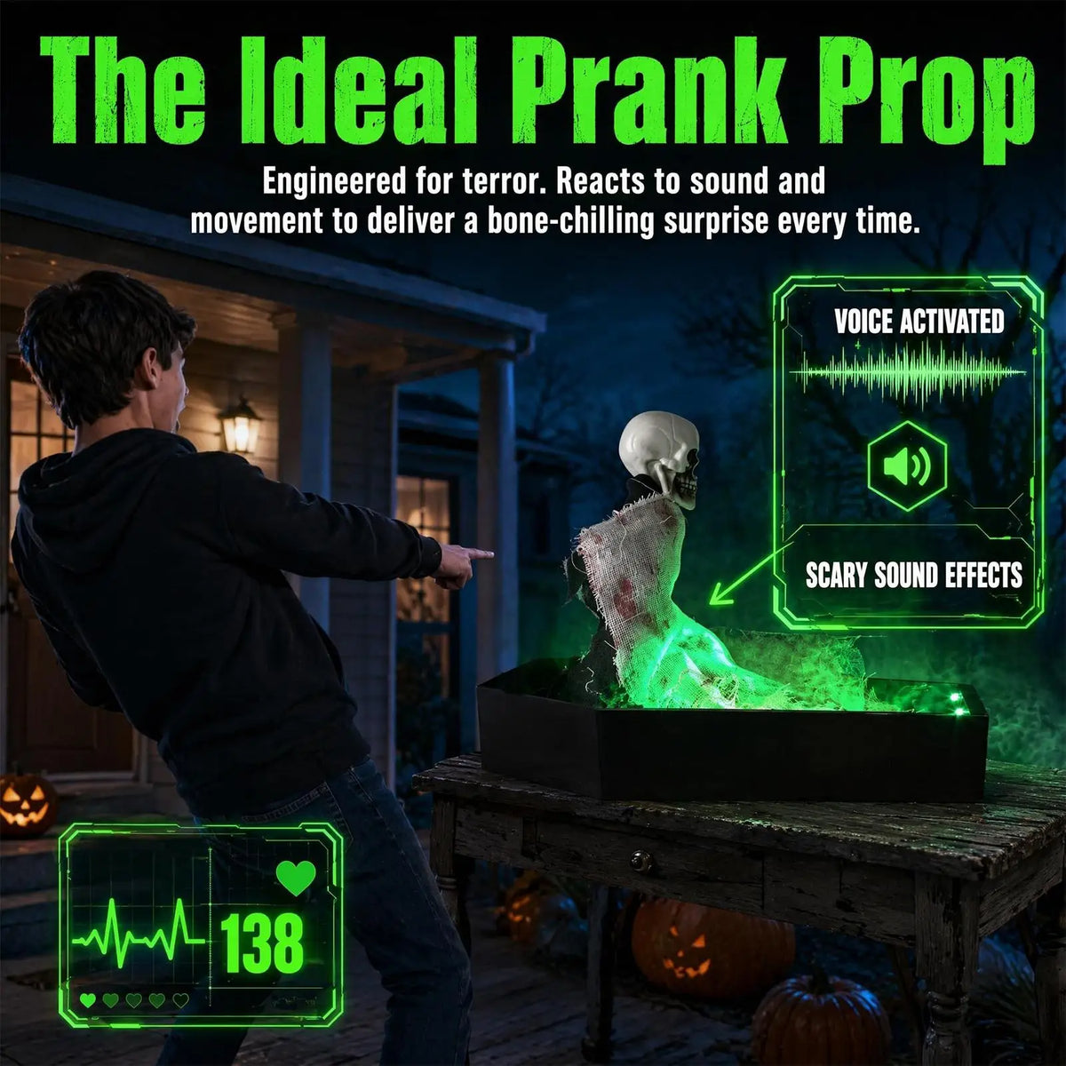 Halloween Sound Activated Animated Skeleton Coffin Decor Realistic Skeleton Green LED Lights Scary Sounds for Home Party Prank