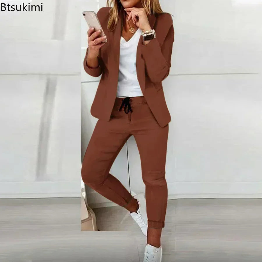 2026 Women's Formal Two Pieces Office Suit Sets Slim Blazer and Pants with Pocket Lapel Women Suits Office Sets 2PCS Tracksuit