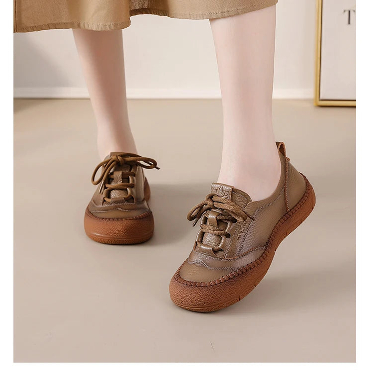 New real leather handmade shoes for women all season oxfords flats woman laced up moccasins cozy mom boat shoes round toe flats