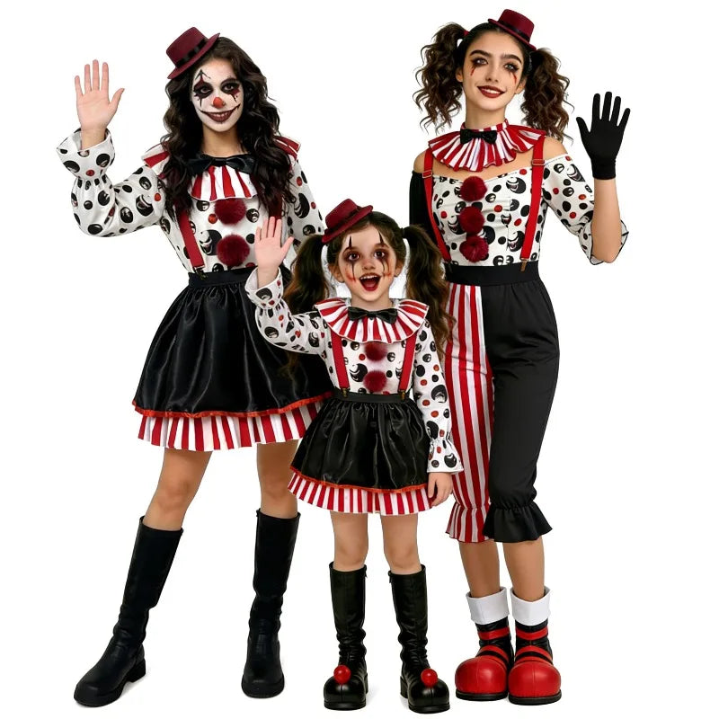 Halloween Costume Spotted Clown Adults Kid Suspenders Skirt Outfit Cosplay Stage Performance Role Play Circus Party Jester Dress