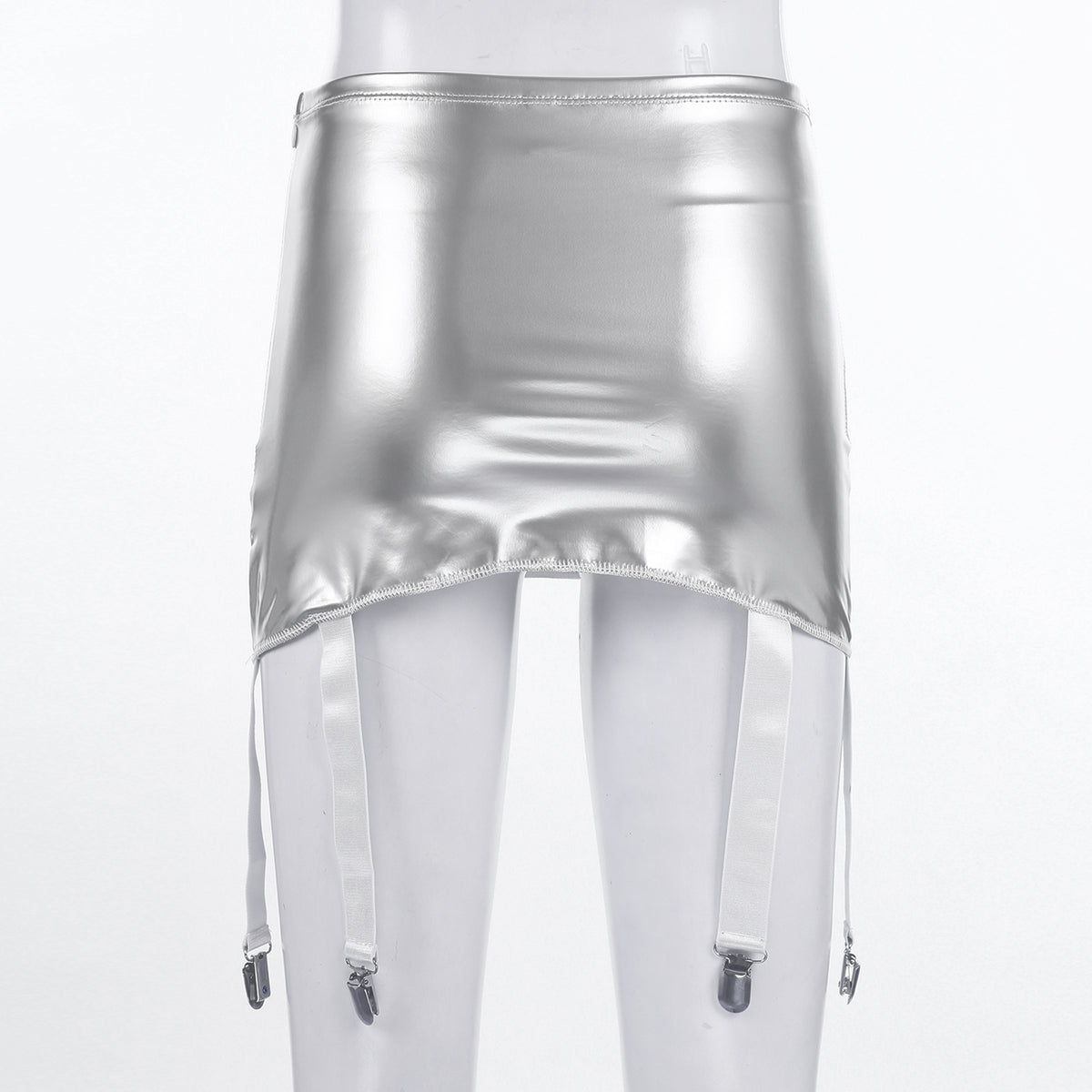 Sexy Women Wetlook PVC Leather Ruffled Skirts Party Low Waist Built-in Thongs Mini Skirt with Garter Belts Metal Clips Set Club