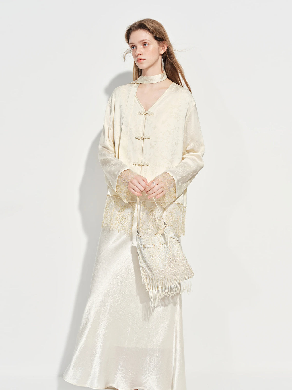 FSLE New Chinese-inspired Women's Satin Jacquard V-Neck Blazer Button Closure Acetate Fabric Sash Blouse Spring 2026 New Arrival
