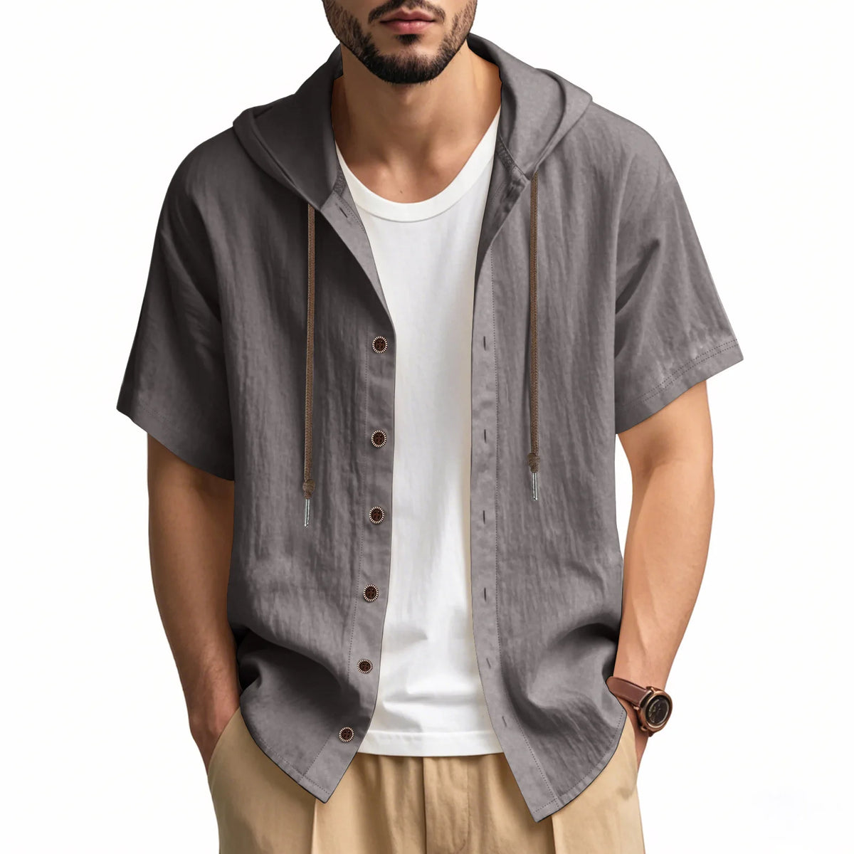 American Summer Men's Thin Breathable Linen Ami Kaji Loose Hooded Short-sleeved Shirt Men