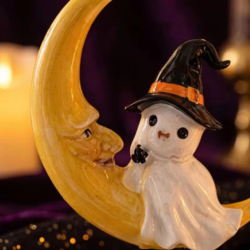 Halloween Ghost Witch Hat On Crescent Moon Resin Figurine Spooky Cute Tabletop Statue Autumn Pumpkin Home Party Decor Ornament