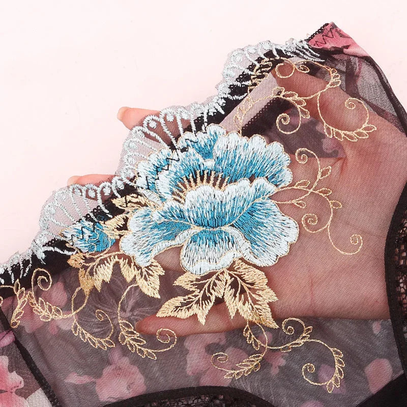 Sexy Embroidery Women Panties Lace Edge Mesh Transparent Briefs Floral Low Waist Seamless Underwear Female Underpants