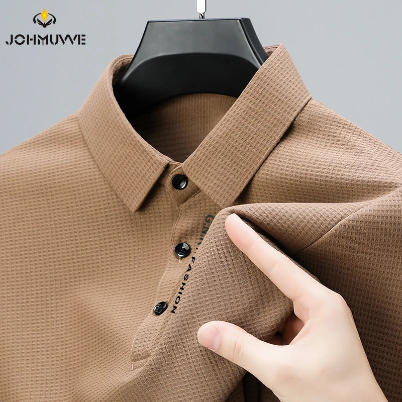 Men's Waffle Long Sleeved POLO Shirt with Letter Printed Lapel Casual Top