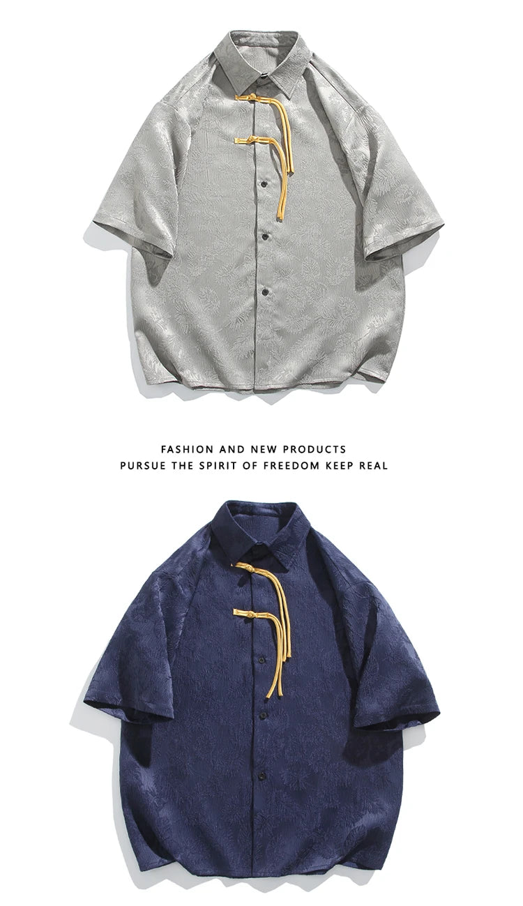2024 Men Chinese Style Shirt Mens Tang Dress Hanfu Half-Sleeve Shirt Male Printing Kung Fu Outfit Loose Casual Tops