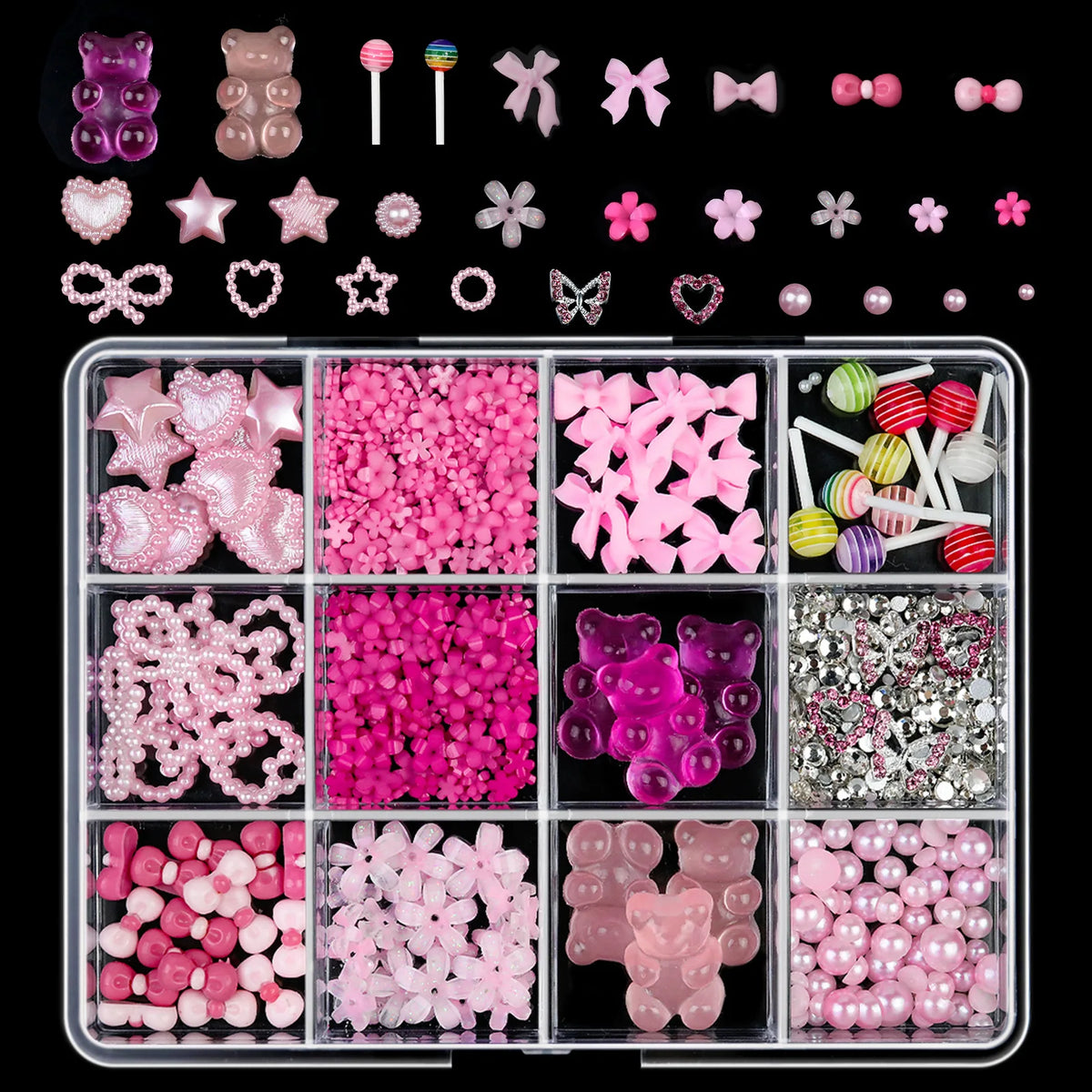12Grids Mixed Resin Bowknot Nail Art Decorations 3D Aurora Ribbon Bow AB Rhinestones Pearl Flowers Nail Charms DIY Manicure Part