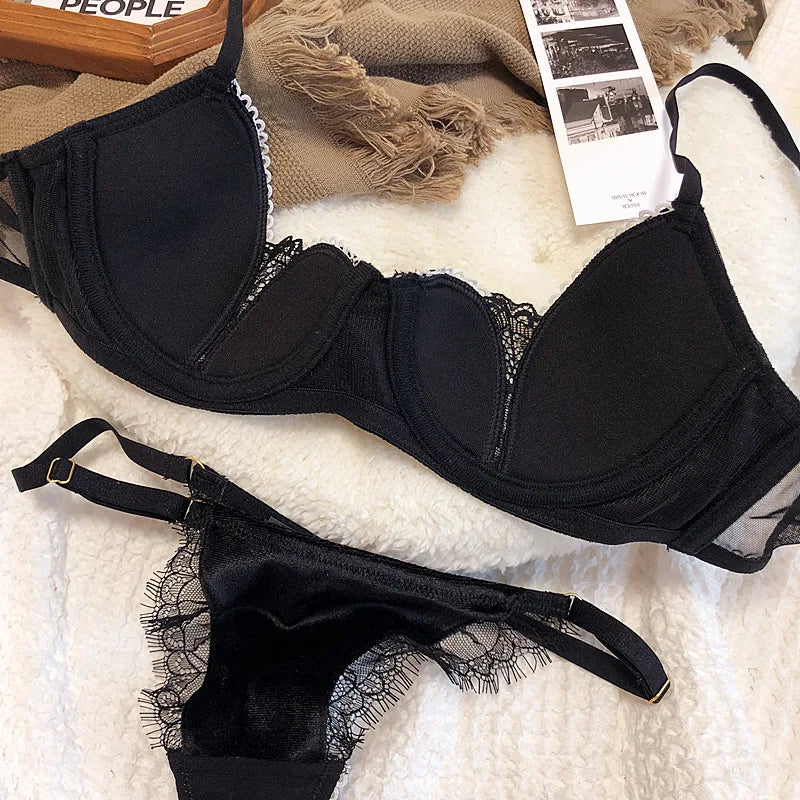 2022 New Velvet Women Sexy Underwear Set Thin Cotton Lingerie Translucent Push Up Adjustable Bra Panty Lace Black Intimates