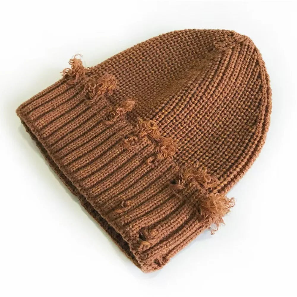 Solid Color Dilapidated Hole Knitted Hat Thickened Ear Protection Warm Cap Beanie Cap Hip-Hop Hat Unisex Pompoms Hat