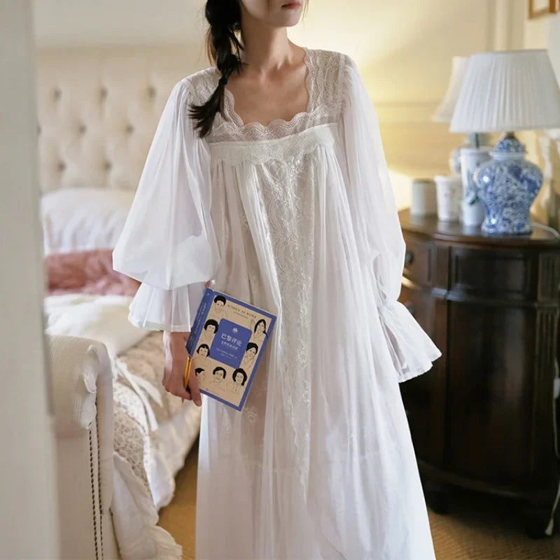 French Fairy Two-Pieces Lace Nightgowns Sexy Spaghetti Strap Nightie Victoria Square Collar Full Sleeves Long Nightdress New