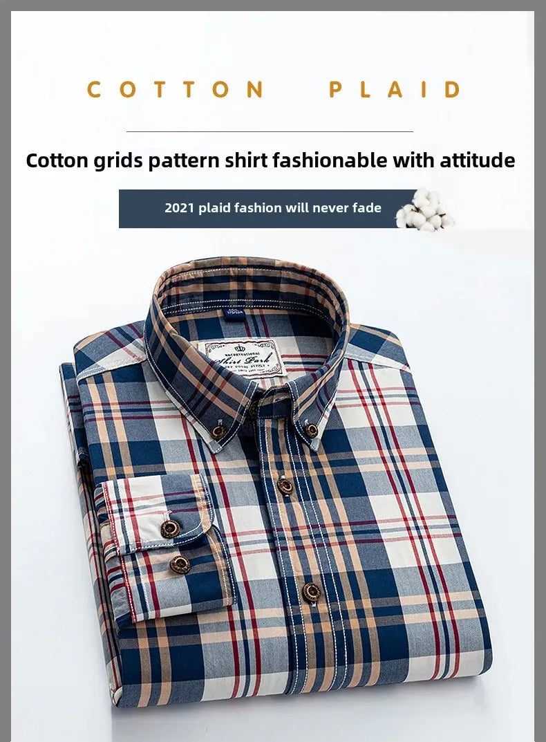 New Men's Pure Cotton Plaid Long Sleeve Shirt Spring Whole Cotton Casual Shirt Korean Style Slims Smooths Your Silhouette No Iro