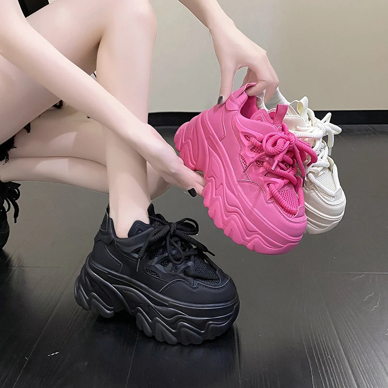 Women Platform Casual Breathable Mesh Shoes 2025 New Summer Chunky Sneakers 8.5CM Wedges Hidden Heels Hollow Leisure Shoes Woman