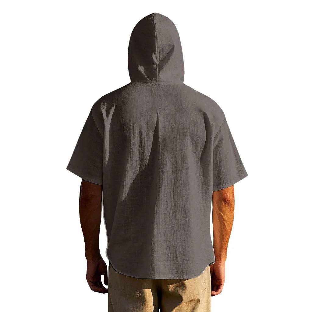 American Summer Men's Thin Breathable Linen Ami Kaji Loose Hooded Short-sleeved Shirt Men