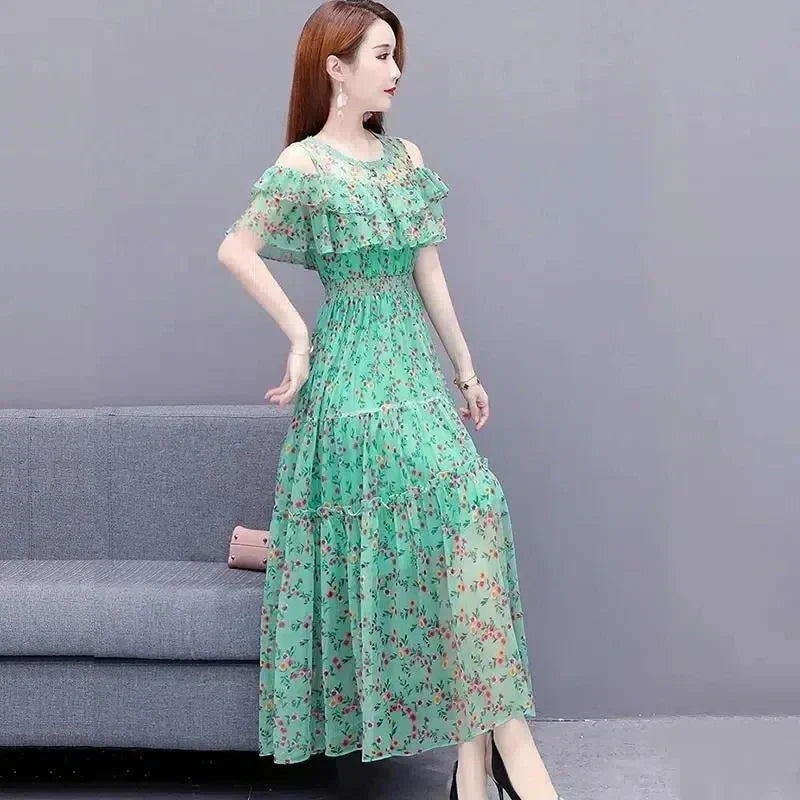 Mesh Chiffon Floral Print Dress Women 2024 New Summer Bohemian Beach Dress Long Off Shoulder Sexy Lady Party Dresses Vestidos