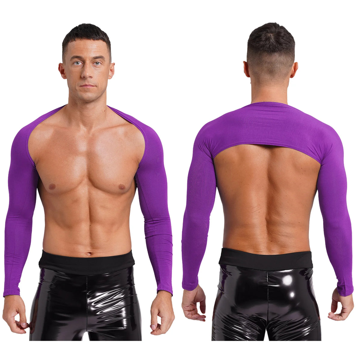 Men Open Front Half Crop Top Solid Long Sleeve Cardigan Bolero Shrug Tops Muscle Arm Sleeves Workout Sports Gym Tops Clubwear
