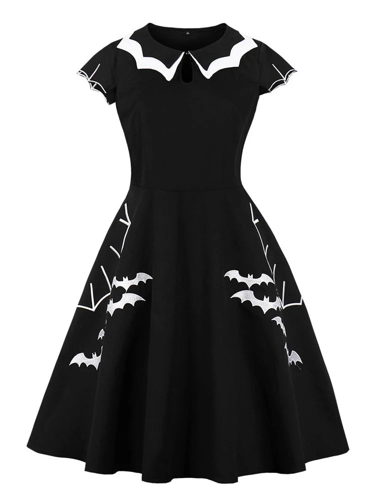 Tonval Bat Embroidery Halloween Costumes Party Vintage Dresses for Women Cap Sleeve Keyhole Front Retro A Line Dress