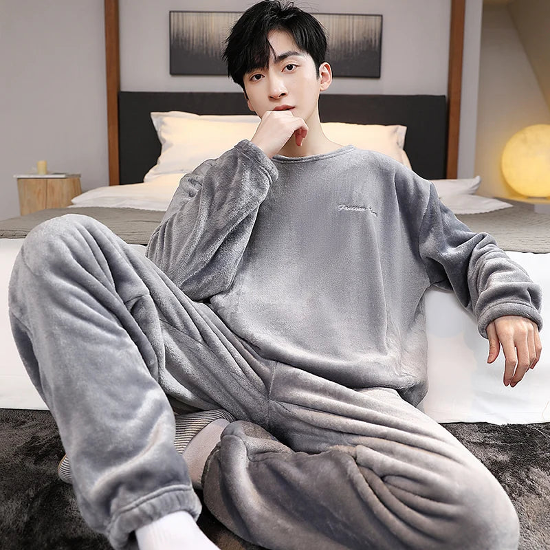 2024 Winter Men Fleece Casual Long Sleeve Pajamas Set Coral Velvet Cute Cartoon Sleepwear Male Plush Thicken Warm Homewear