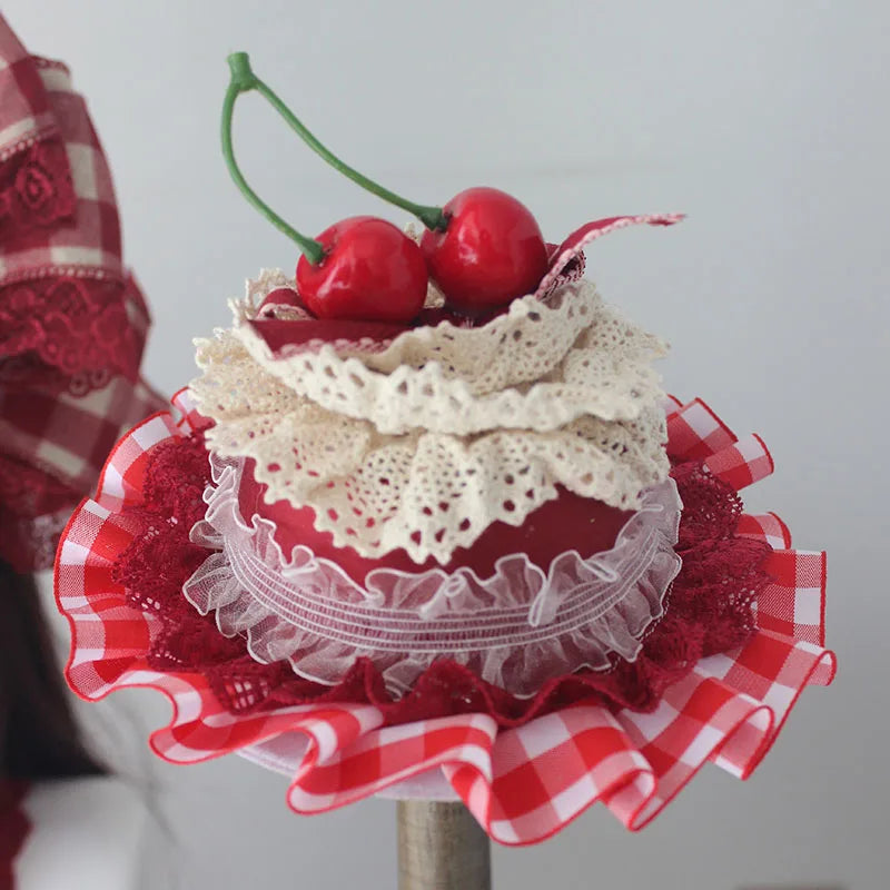 Lolita Sweet Plaid Bow Burgundy Hair Clip Hair Accessories Women Embroidery Lace Stitching Pleated Cake Top Hats Headgear Female