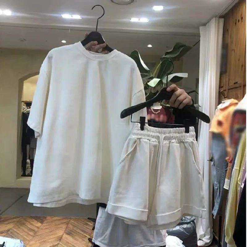 Two Piece Shorts Set Women Short Sleeve Shirt Solid Loose Casual Drawstring Pants Suits Pocket Round Neck Shirts Office Lady
