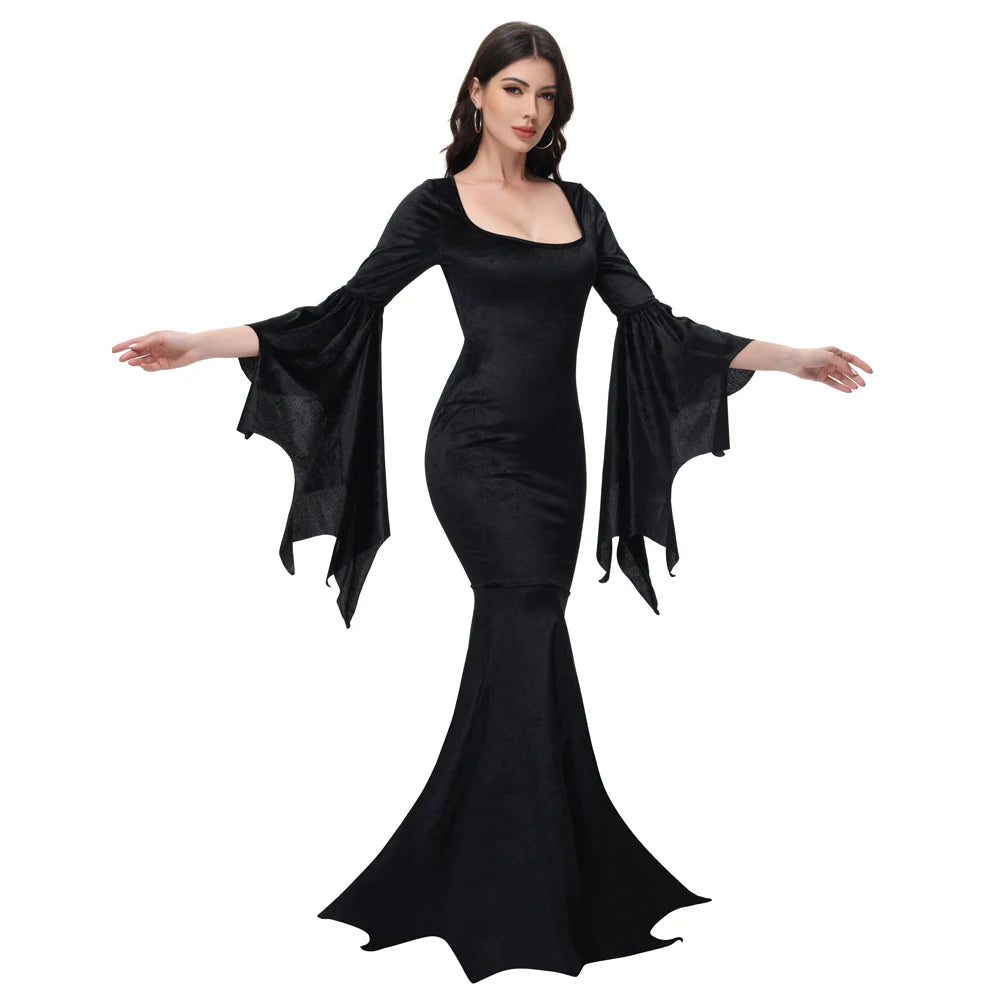 [You're My Secret] Halloween Morticia Adams Primate Black Family Dress Gothic Fishtail Dress Flared Sleeve Bodycon Vestido