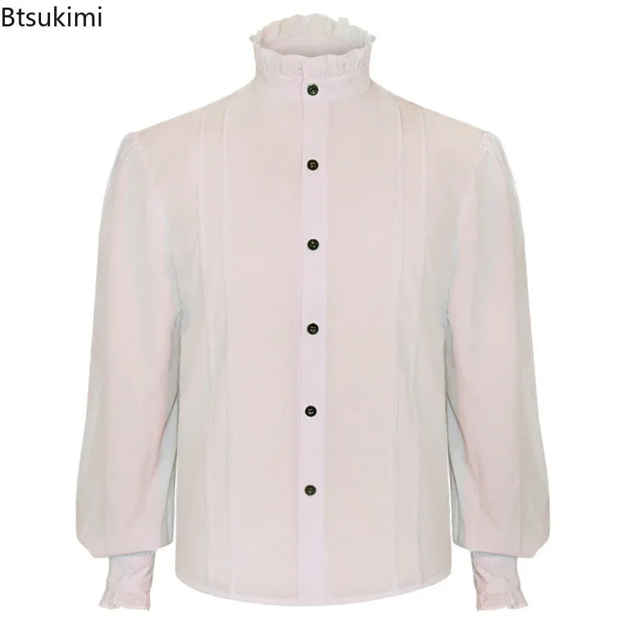 Steampunk Men's Shirt Tops Renaissance Victorian Gothic Medieval Long Sleeve Stand Collar Shirts Male Halloween Cosplay Costumes