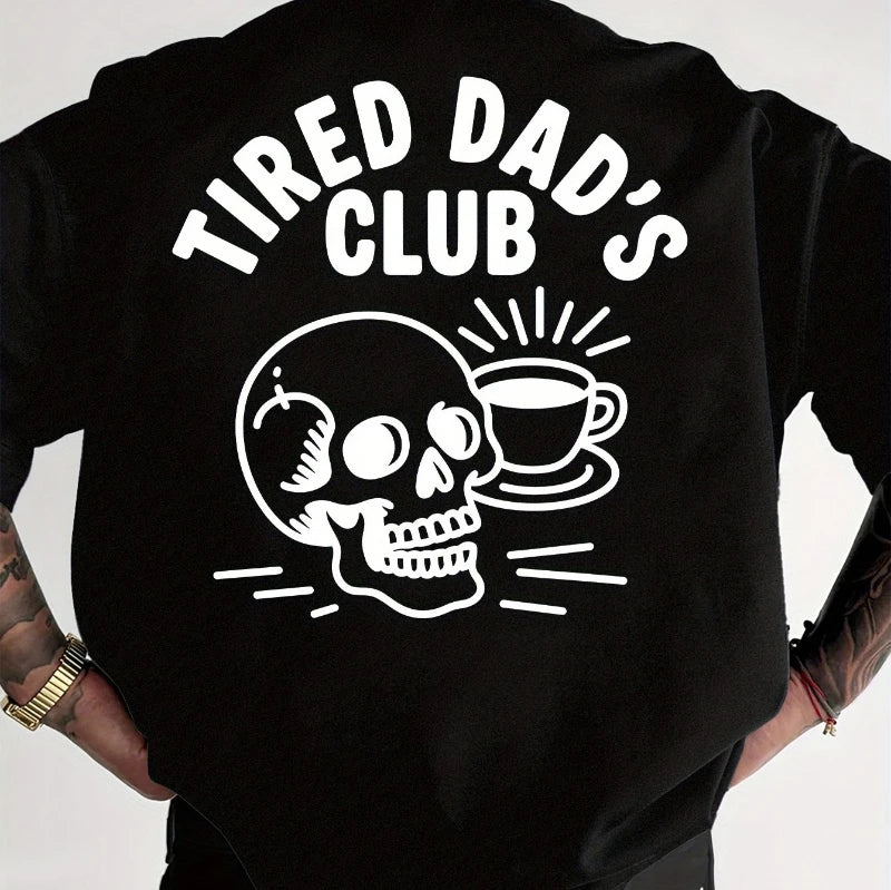 Men's Fun Pattern T-shirt - "Exhausted Dad Club" Back Printed Coffee Cup Skull Design - White Cotton Short Sleeved Shirt