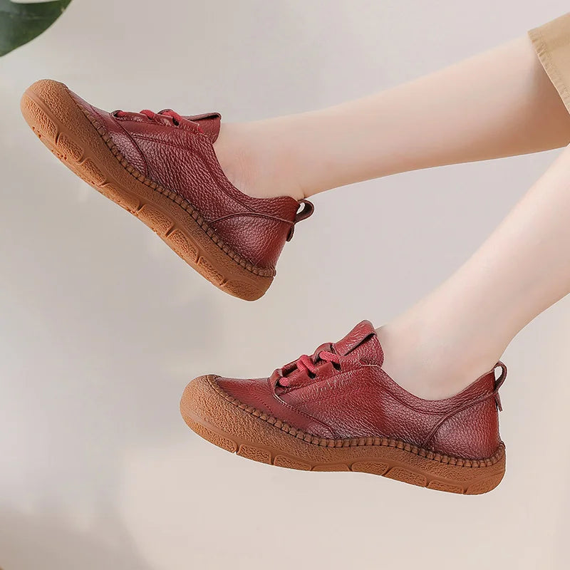 New real leather handmade shoes for women all season oxfords flats woman laced up moccasins cozy mom boat shoes round toe flats