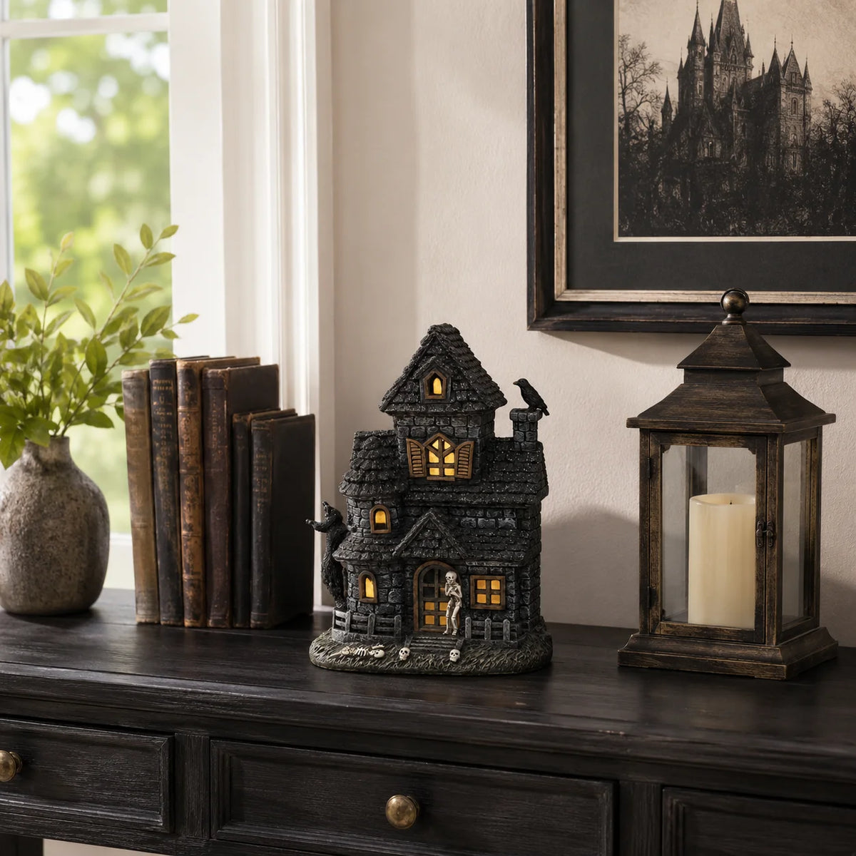 Halloween Lighted Haunted House Resin Figurine with Skeleton & Crow, Spooky Tabletop Ornament for Home Party Decoration