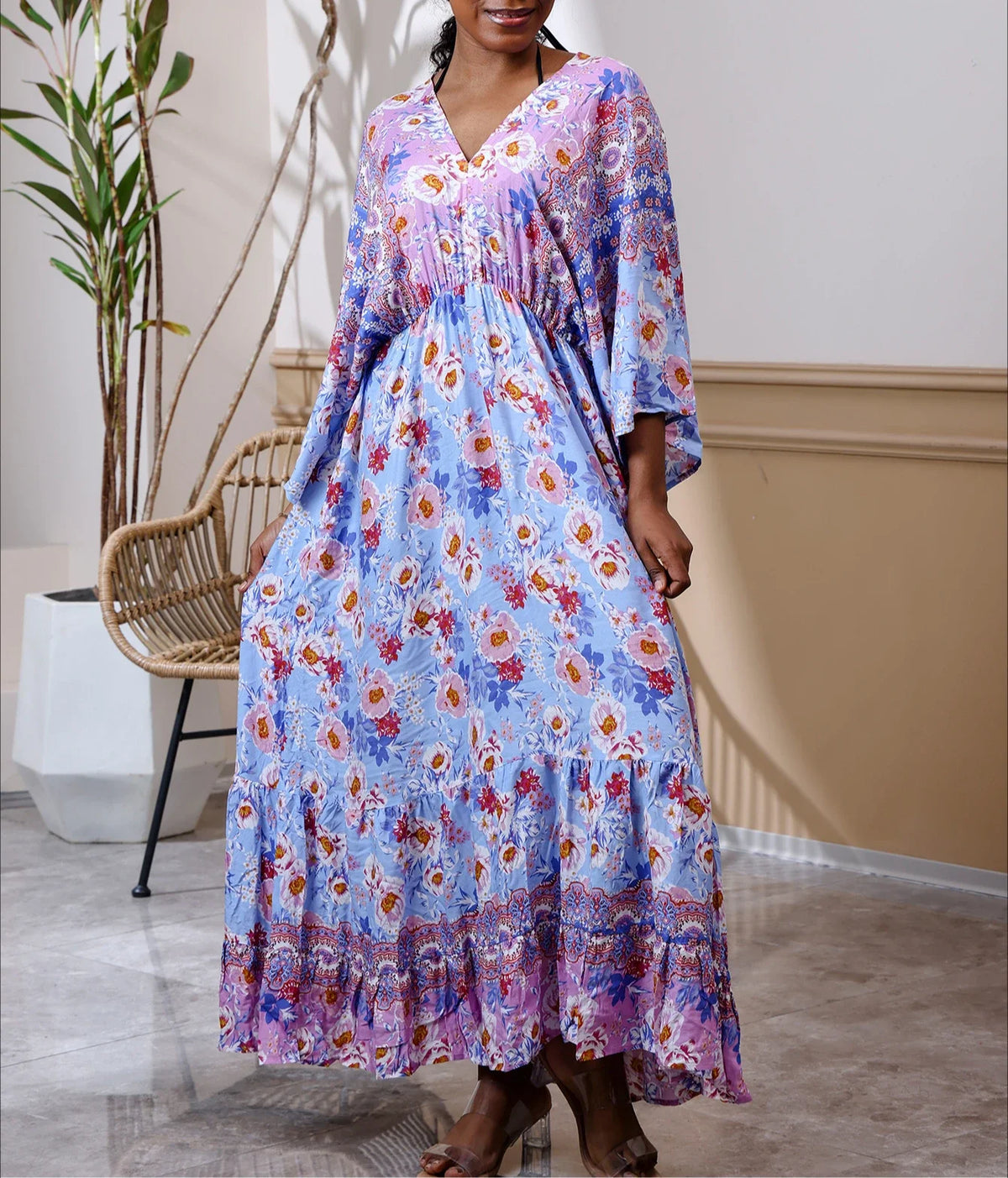Bohemian Oversize Loose Elastic Waist Maxi Dresses Women Robe Cotton Rayon Floral Printed Long Dress Summer Boho Beach Cover up