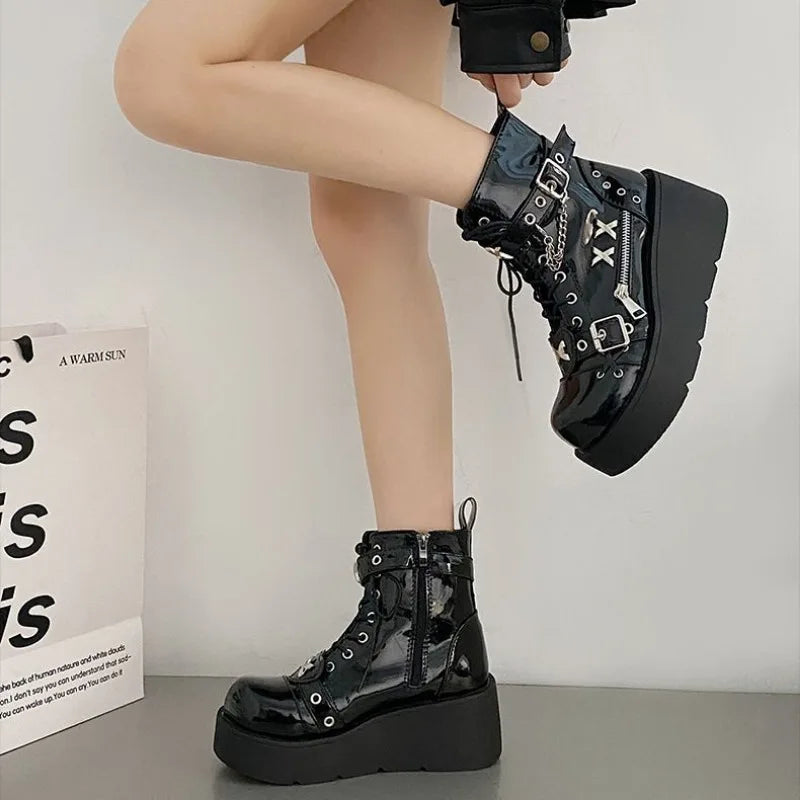 Platform Wedges Women Ankle Boots Autumn Winter Gothic Street Comfy Fashion Cool Woman Shoes Motorcycle Boots Big Size 43