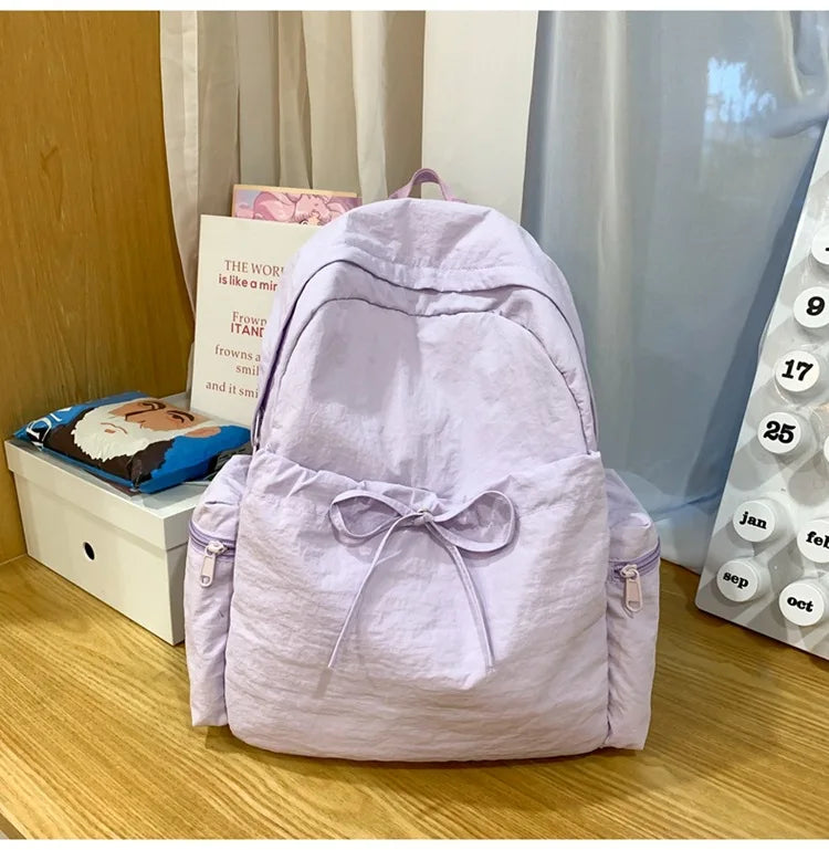 Japanese Style Student Backpack Solid Color Bow Travel School Bag Lightweight and Fashionable Women's Backpack New Simple Casual