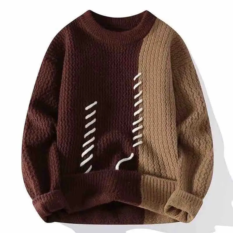 Autumn Winter Men Sweater O-Neck Patchwork Contrast Color Korean Trend Fashion Thicken Warm Pullovers Long Sleeve Knitted Tops
