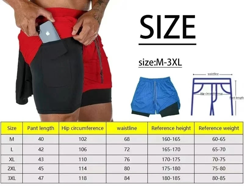Men's double-layer sports shorts, sports shorts suitable for both running and training.