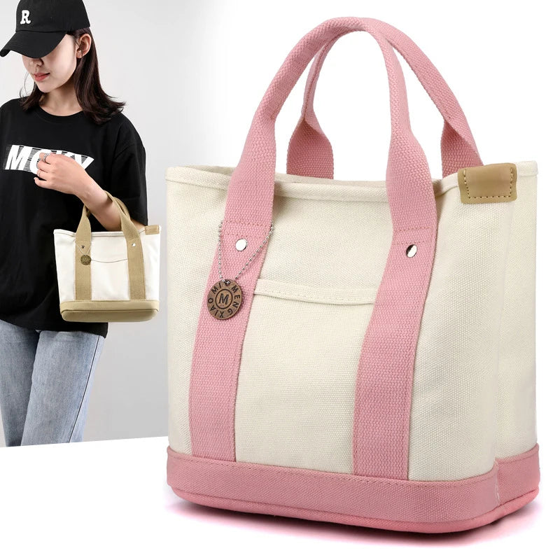 Canvas Tote Bag Portable Large Capacity Leisure Lunch Bento Bucket Bag Multi-divided Handbag