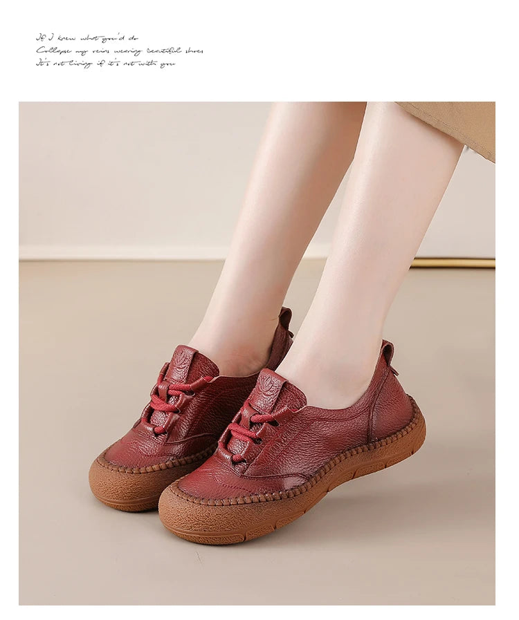 New real leather handmade shoes for women all season oxfords flats woman laced up moccasins cozy mom boat shoes round toe flats