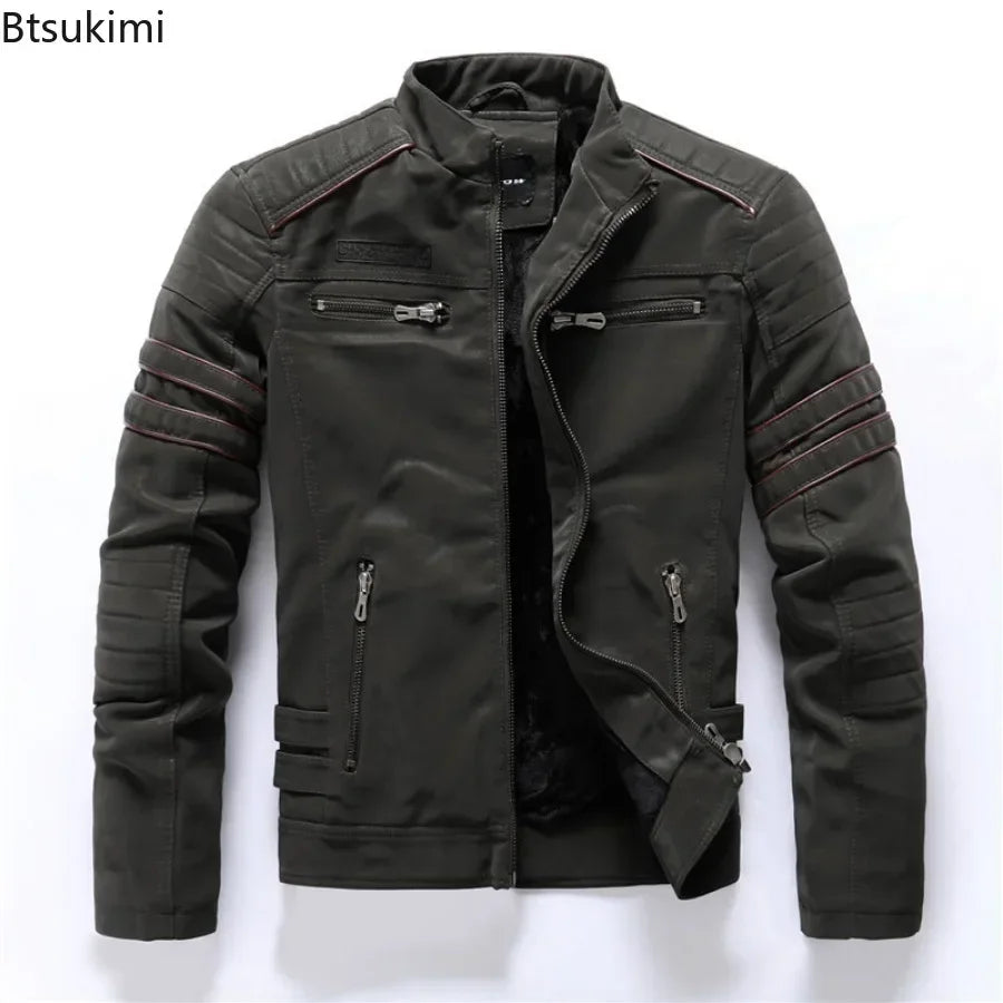 New Pilot Jackets Men's PU Jacket Fashion Casual Stand Collar Motorcycle Coats Trend Men Embroider Windbreak Warm Leather Jacket
