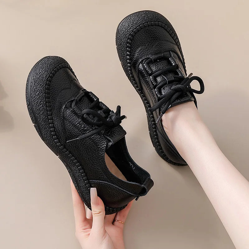 New real leather handmade shoes for women all season oxfords flats woman laced up moccasins cozy mom boat shoes round toe flats
