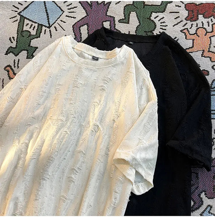 Ripped T-shirts Men Hole Y2k Tops Streetwear Summer O-neck Clothing Hip Hop Fashion Teens American Retro Vintage Футболки Baggy