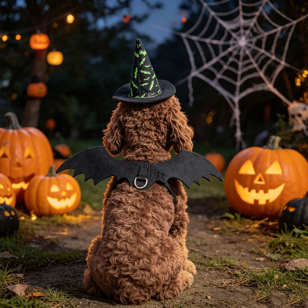 3 PCS Halloween Pet Costume Accessories,Witch Hat,Bat Wing Harness,Skull Bow Tie,Halloween Decors Dress Up for Cat Small Dog