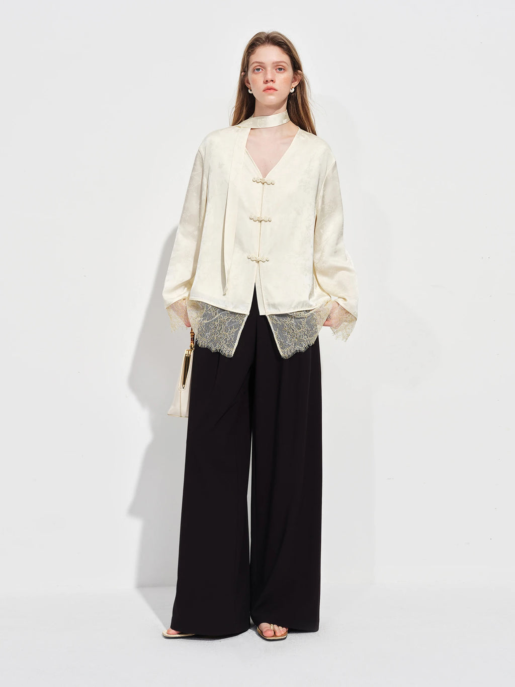 FSLE New Chinese-inspired Women's Satin Jacquard V-Neck Blazer Button Closure Acetate Fabric Sash Blouse Spring 2026 New Arrival