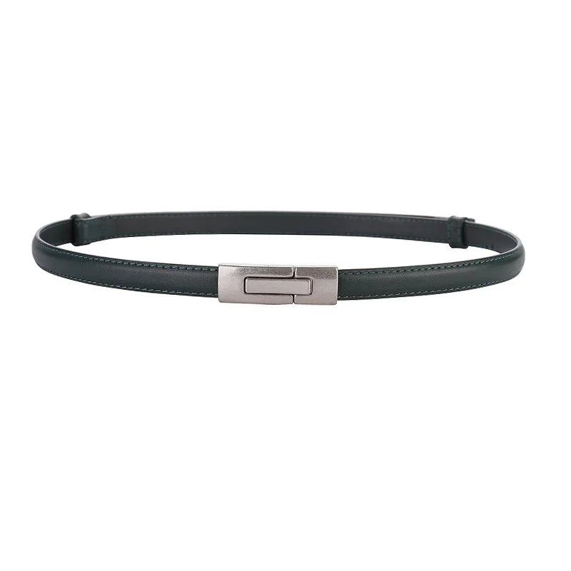 Women Skinny Genuine Leather Slim Belt Adjustable Alloy Buckle Waist Belt for Dress