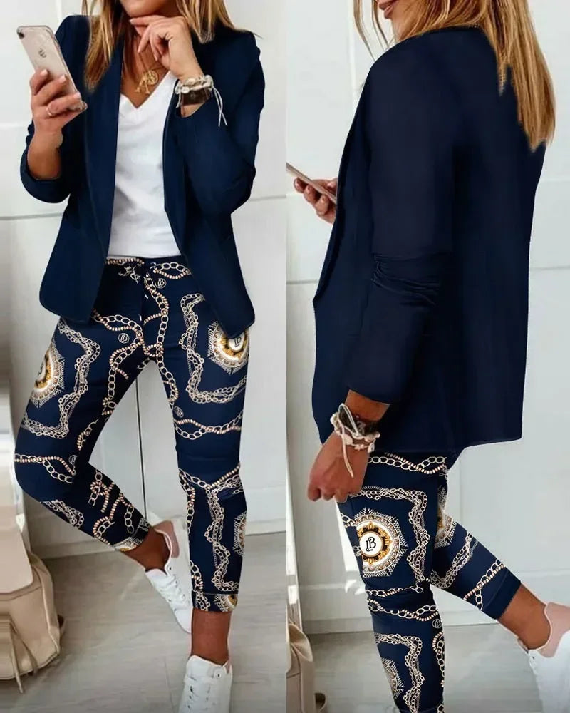 2026 Women's Formal Two Pieces Office Suit Sets Slim Blazer and Pants with Pocket Lapel Women Suits Office Sets 2PCS Tracksuit