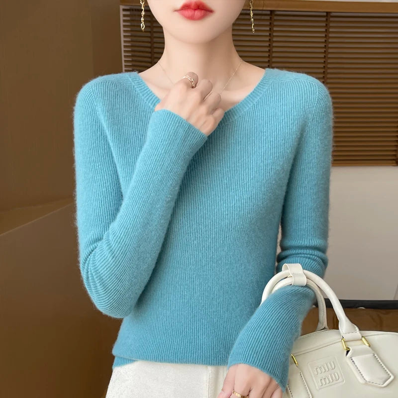 Early Fall New Crew-Neck Sweater Elegant High Elastic Simple Solid Color Thin Knit Crew-Neck Sweater Long Sleeve-GH458