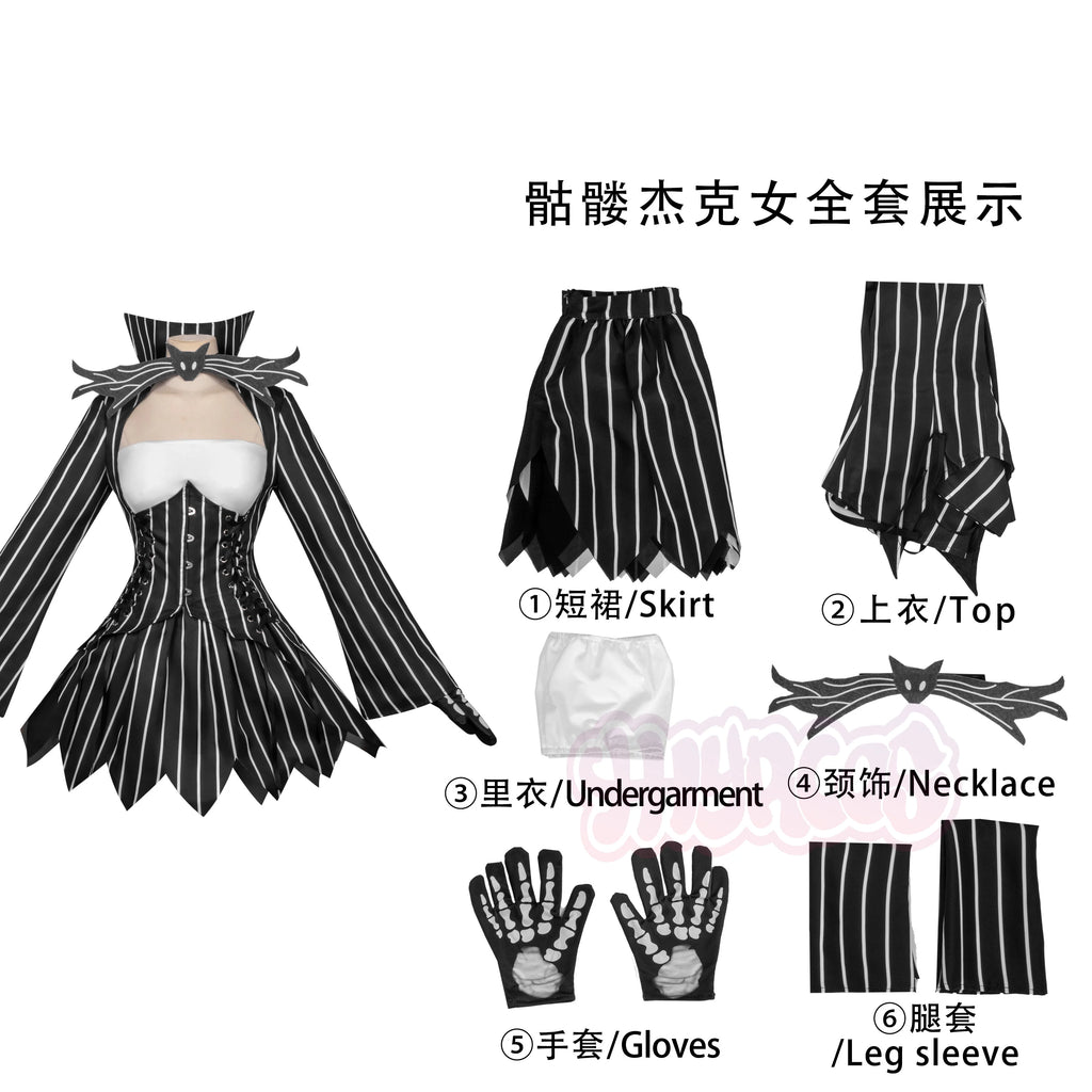 Halloween Costume Women's Jack Cosplay Costume Carnival Gothic Long Sleeve Top with Skirt and Gloves