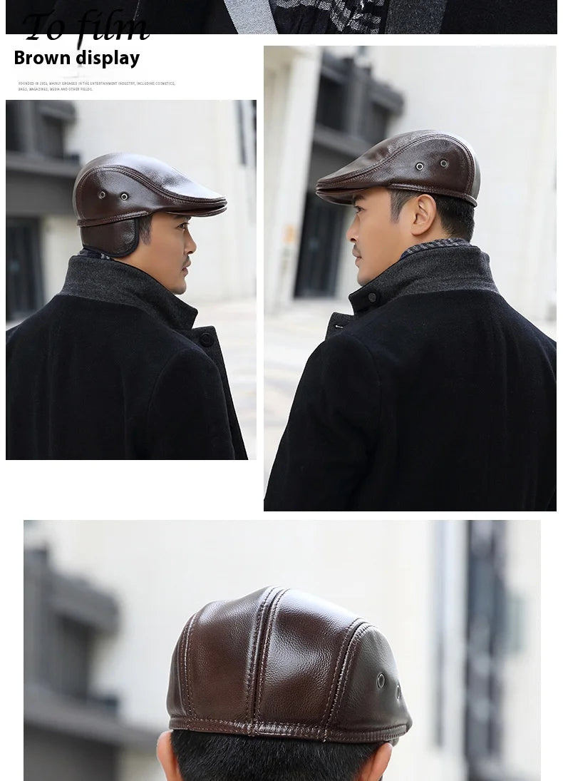 2025 Genuine Leather Beret Hat for Men Warm Windproof Winter Cap Fashion Gentleman Peaked Cap Vintage Stylish Driver Hat Gift